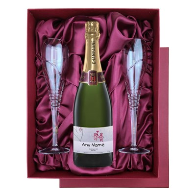 Personalised Champagne - Wall Art Label in Red Luxury Presentation Set With Flutes